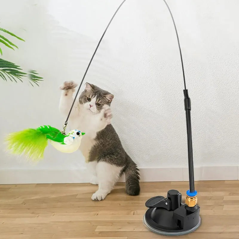 CatMotion Interaktív Macska Játék Madár Utánzó Tollas Csengővel - Szívó Rögzítésű Szórakoztató Tollas Játék