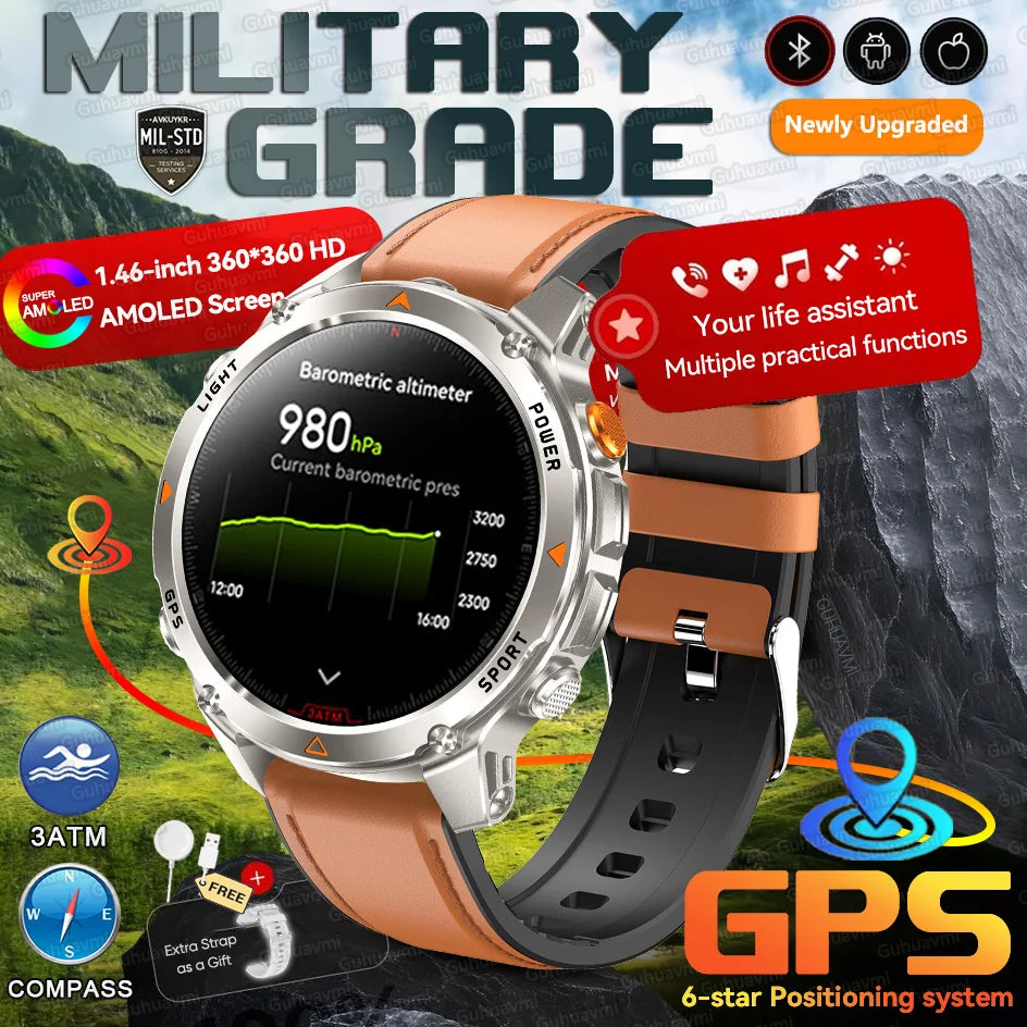 MilTech Katonai Szintű Úszó Okosóra - Beépített GPS Kompassz 30m Vízálló 1,46 Hüvelykes AMOLED