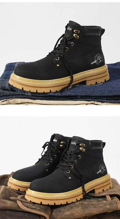 Herren-Ankle-Boots – Plateau-Lederstiefel mit Schnürung
