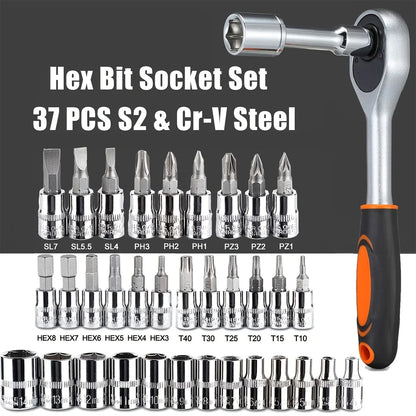 46 Darabos Családi Szerszámkészlet 1/4 Colos Autós Socket Készlet Hex Bitek Forgó Kulcs - Teljes Készlet