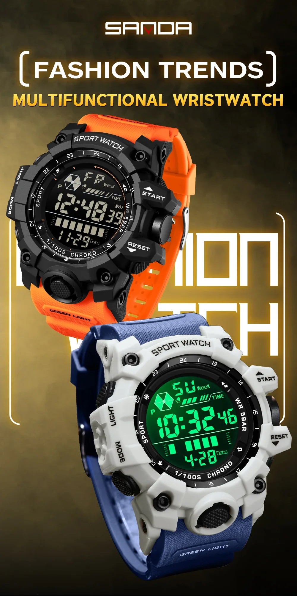 SANDA Herrenuhr, wasserdicht, LED