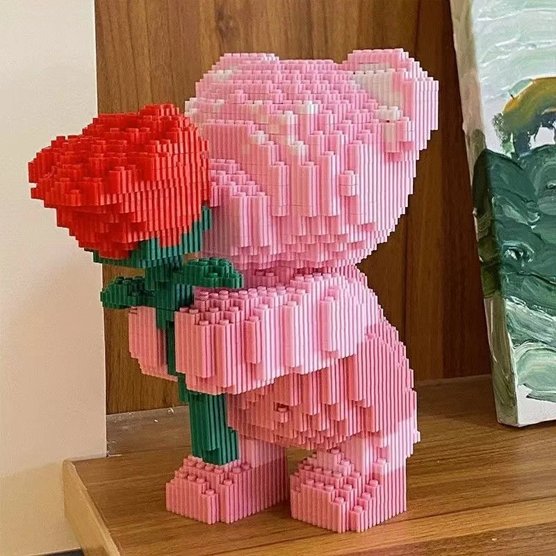 3888 Darabos Építő Kocka Készlet Rose Bear - Romantikus Medve Rózsákat Tart Ajándék Magas Összeállítás