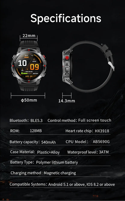 MilTech Katonai Szintű Úszó Okosóra - Beépített GPS Kompassz 30m Vízálló 1,46 Hüvelykes AMOLED