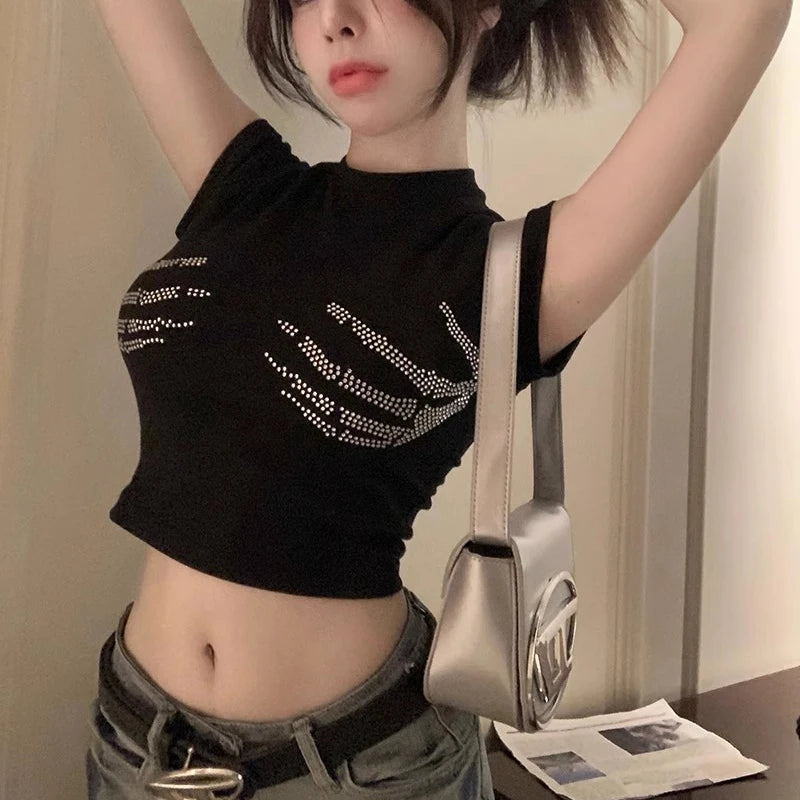 Skull Hand Rhinestone CropTop