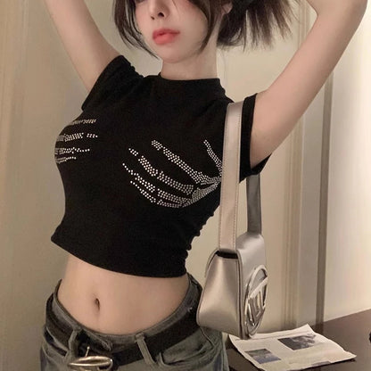 Skull Hand Rhinestone CropTop