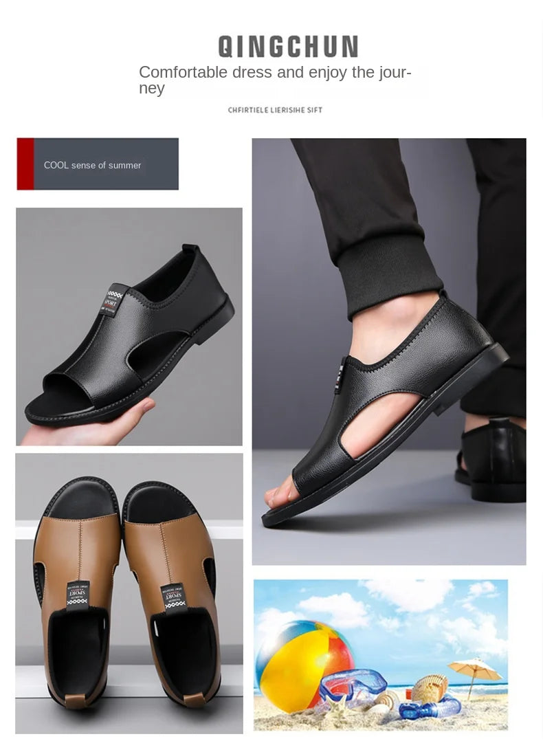 Férfi Designer Bőr Szandál - Divatos Nyári Strand Papucs Csúszásmentes