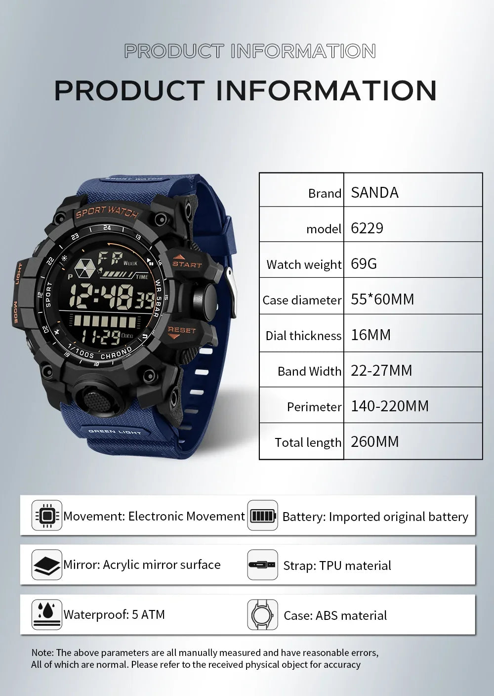 SANDA Herrenuhr, wasserdicht, LED