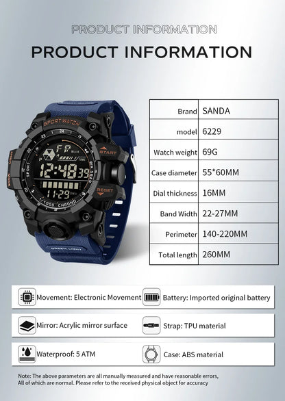 SANDA Herrenuhr, wasserdicht, LED