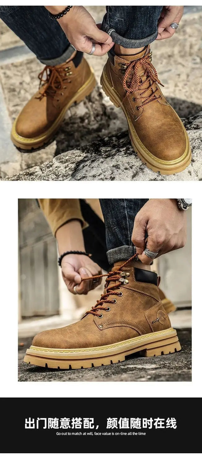 Herren-Ankle-Boots – Plateau-Lederstiefel mit Schnürung