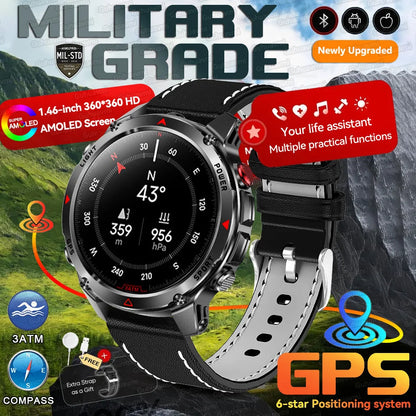 MilTech Katonai Szintű Úszó Okosóra - Beépített GPS Kompassz 30m Vízálló 1,46 Hüvelykes AMOLED