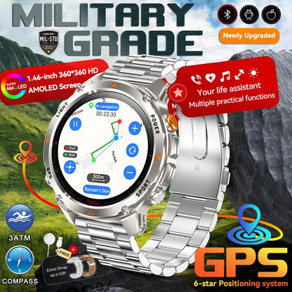 MilTech Katonai Szintű Úszó Okosóra - Beépített GPS Kompassz 30m Vízálló 1,46 Hüvelykes AMOLED