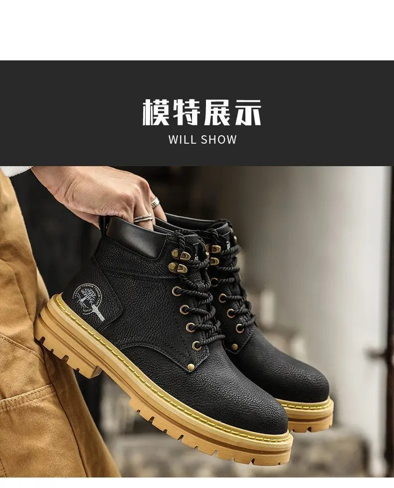 Herren-Ankle-Boots – Plateau-Lederstiefel mit Schnürung