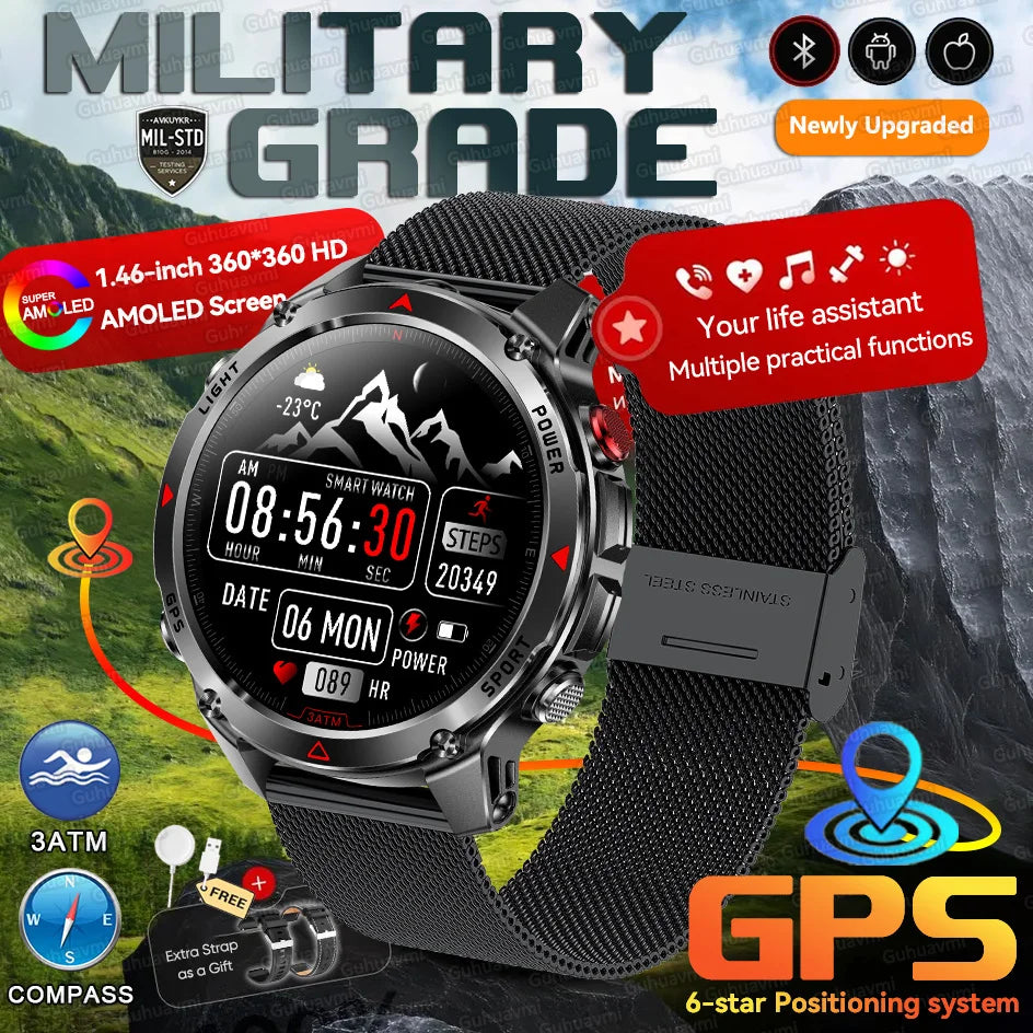 MilGuard GPS Pozíció Okosóra Férfiaknak - Térképes Útvonal Követés, 30 Méter Vízálló, Taktikai Sportóra