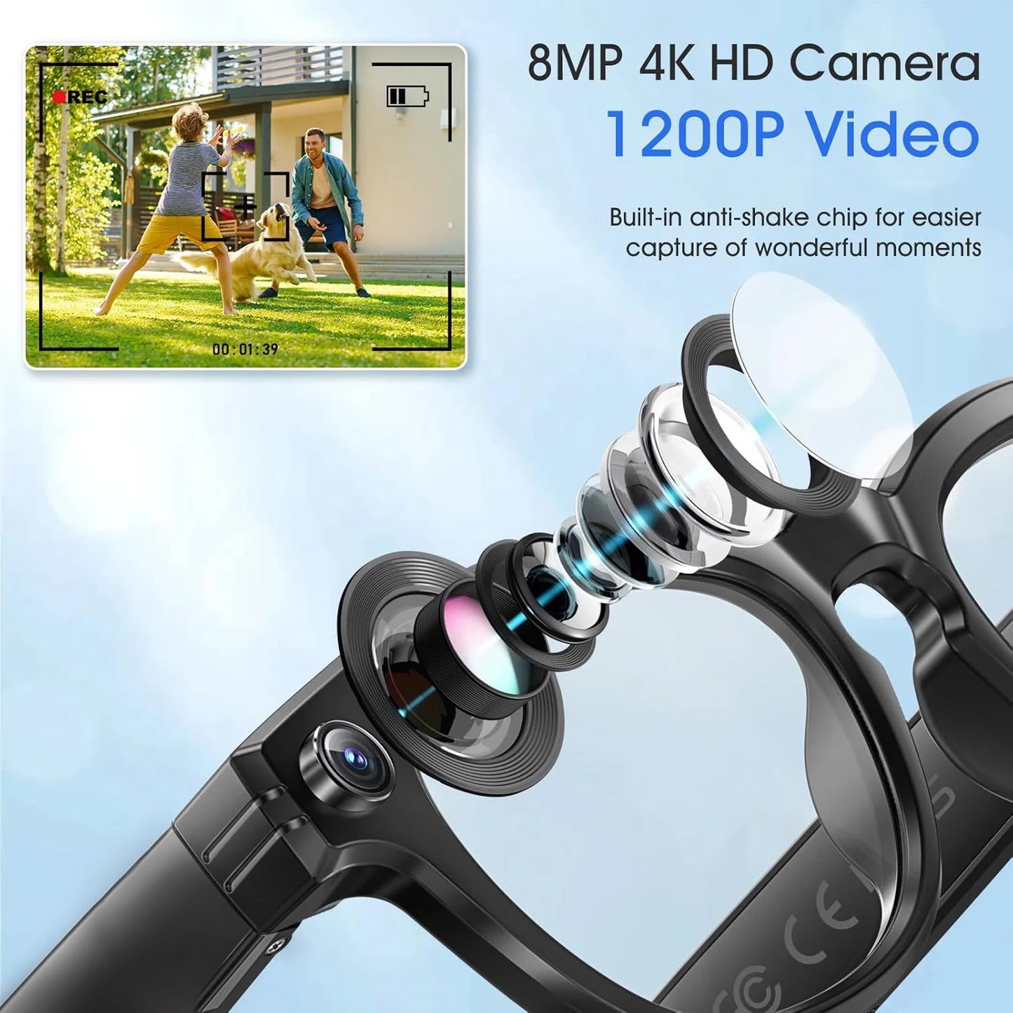 GUHUAVM Kamera AI Szemüveg - Színváltó Okos Fordító, 720p Két Kamera, Vízálló, ChatGPT 4.0