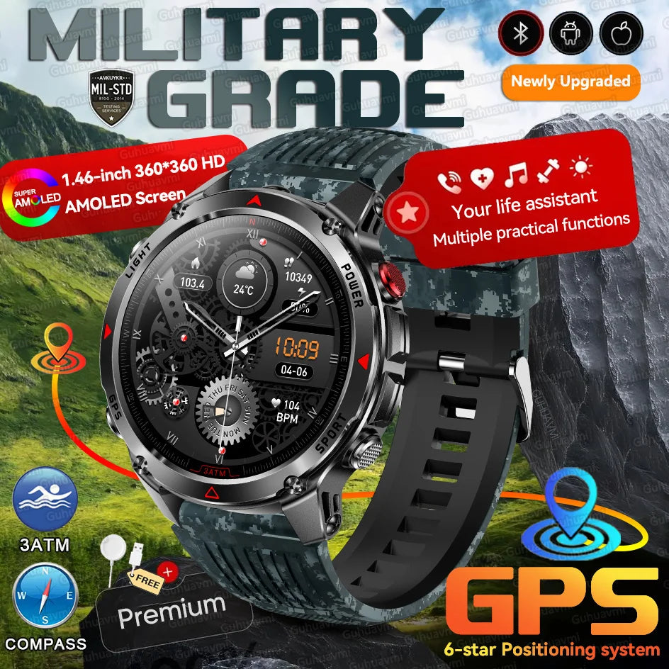 MilTech Katonai Szintű Úszó Okosóra - Beépített GPS Kompassz 30m Vízálló 1,46 Hüvelykes AMOLED