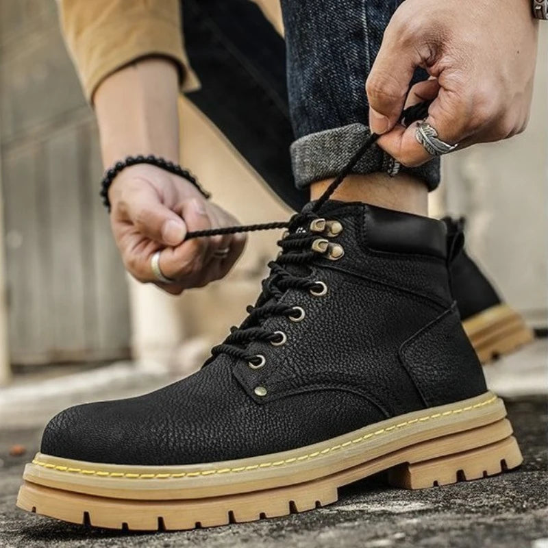 Herren-Ankle-Boots – Plateau-Lederstiefel mit Schnürung