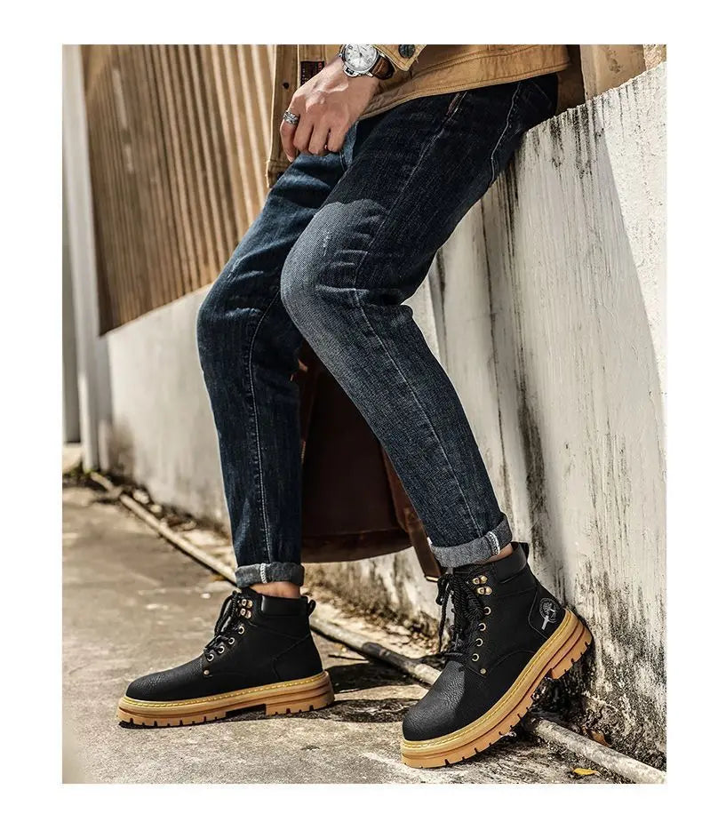 Herren-Ankle-Boots – Plateau-Lederstiefel mit Schnürung