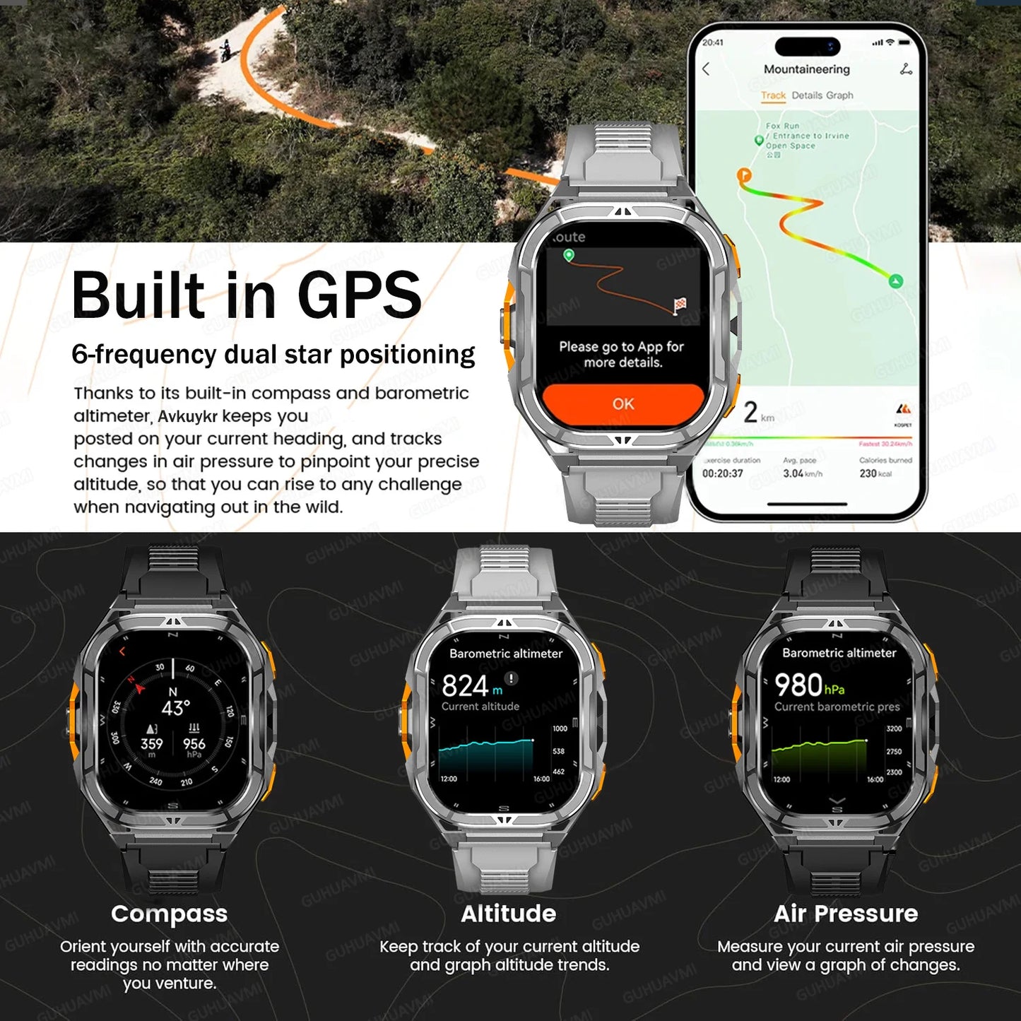 MilSpecTech Katonai Beidou GPS Okosóra - 1,96 Hüvelykes Kijelző, 10ATM Vízálló, Bluetooth Hívás