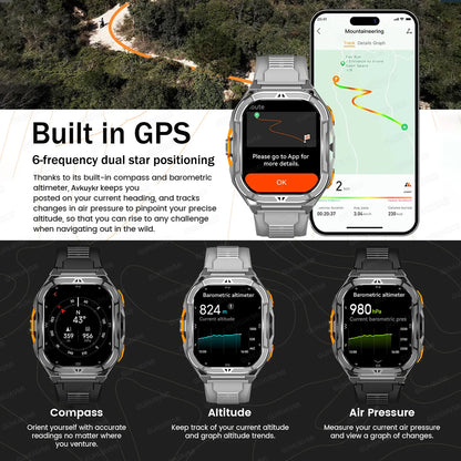 MilSpecTech Katonai Beidou GPS Okosóra - 1,96 Hüvelykes Kijelző, 10ATM Vízálló, Bluetooth Hívás
