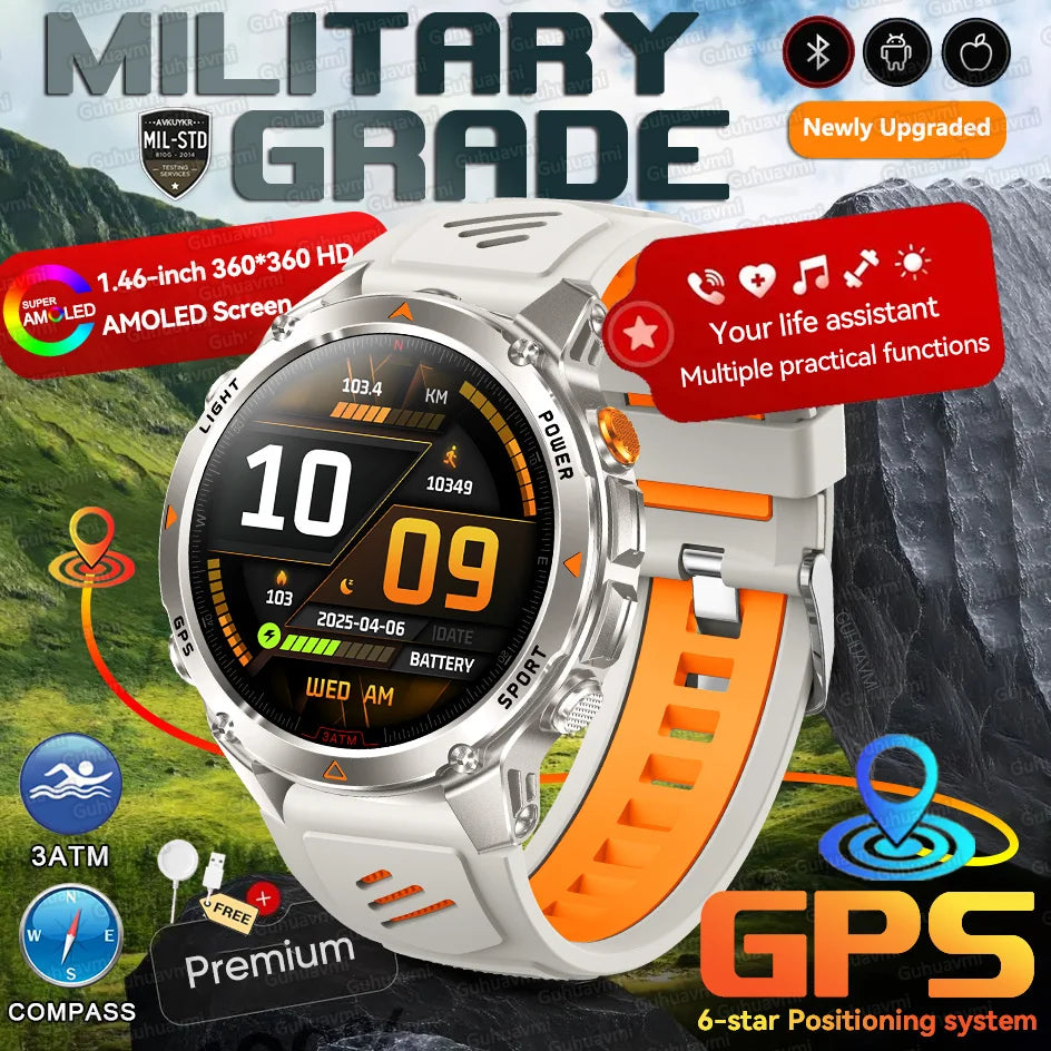 MilTech Katonai Szintű Úszó Okosóra - Beépített GPS Kompassz 30m Vízálló 1,46 Hüvelykes AMOLED