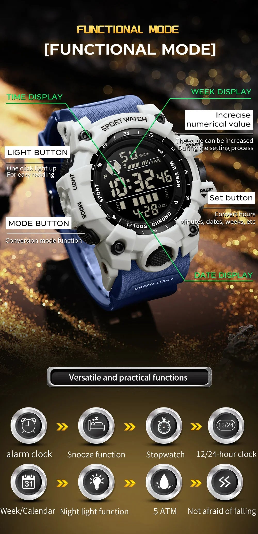 SANDA Herrenuhr, wasserdicht, LED