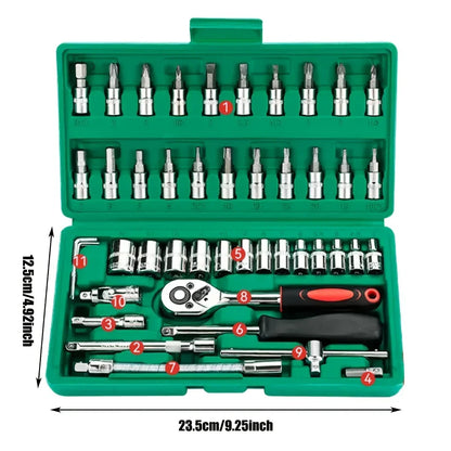 46 Darabos Családi Szerszámkészlet 1/4 Colos Autós Socket Készlet Hex Bitek Forgó Kulcs - Teljes Készlet
