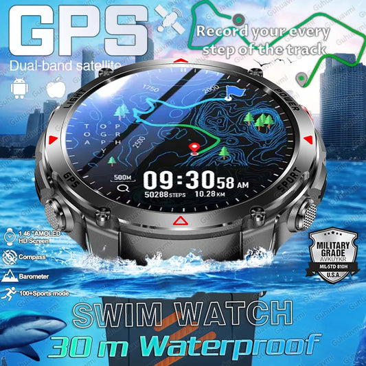 MilTech Katonai Szintű Úszó Okosóra - Beépített GPS Kompassz 30m Vízálló 1,46 Hüvelykes AMOLED