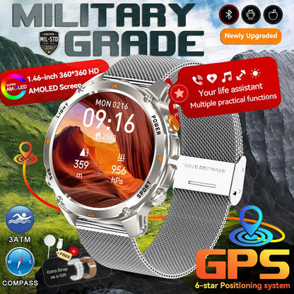 MilTech Katonai Szintű Úszó Okosóra - Beépített GPS Kompassz 30m Vízálló 1,46 Hüvelykes AMOLED