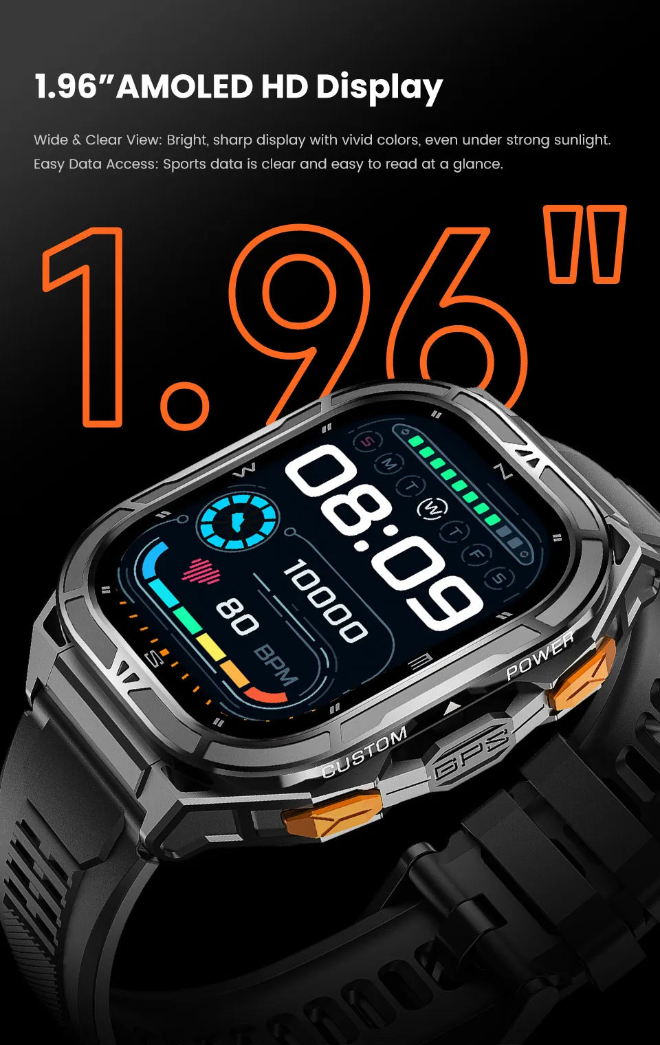 MilSpecTech Katonai Beidou GPS Okosóra - 1,96 Hüvelykes Kijelző, 10ATM Vízálló, Bluetooth Hívás