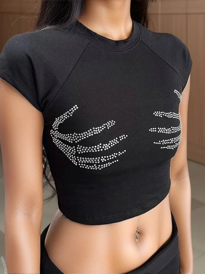 Skull Hand Rhinestone CropTop