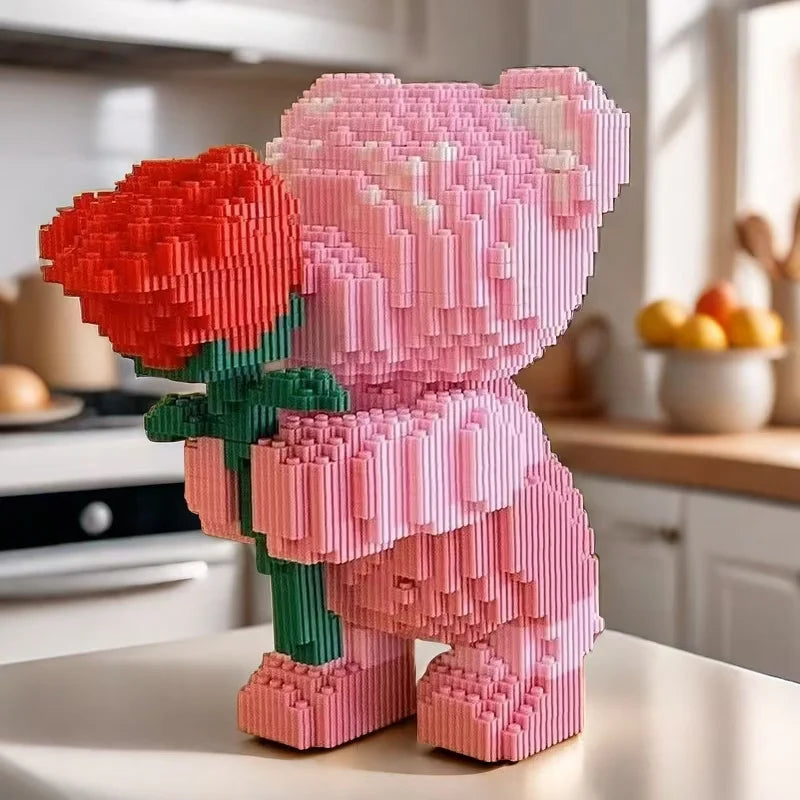 3888 Darabos Építő Kocka Készlet Rose Bear - Romantikus Medve Rózsákat Tart Ajándék Magas Összeállítás