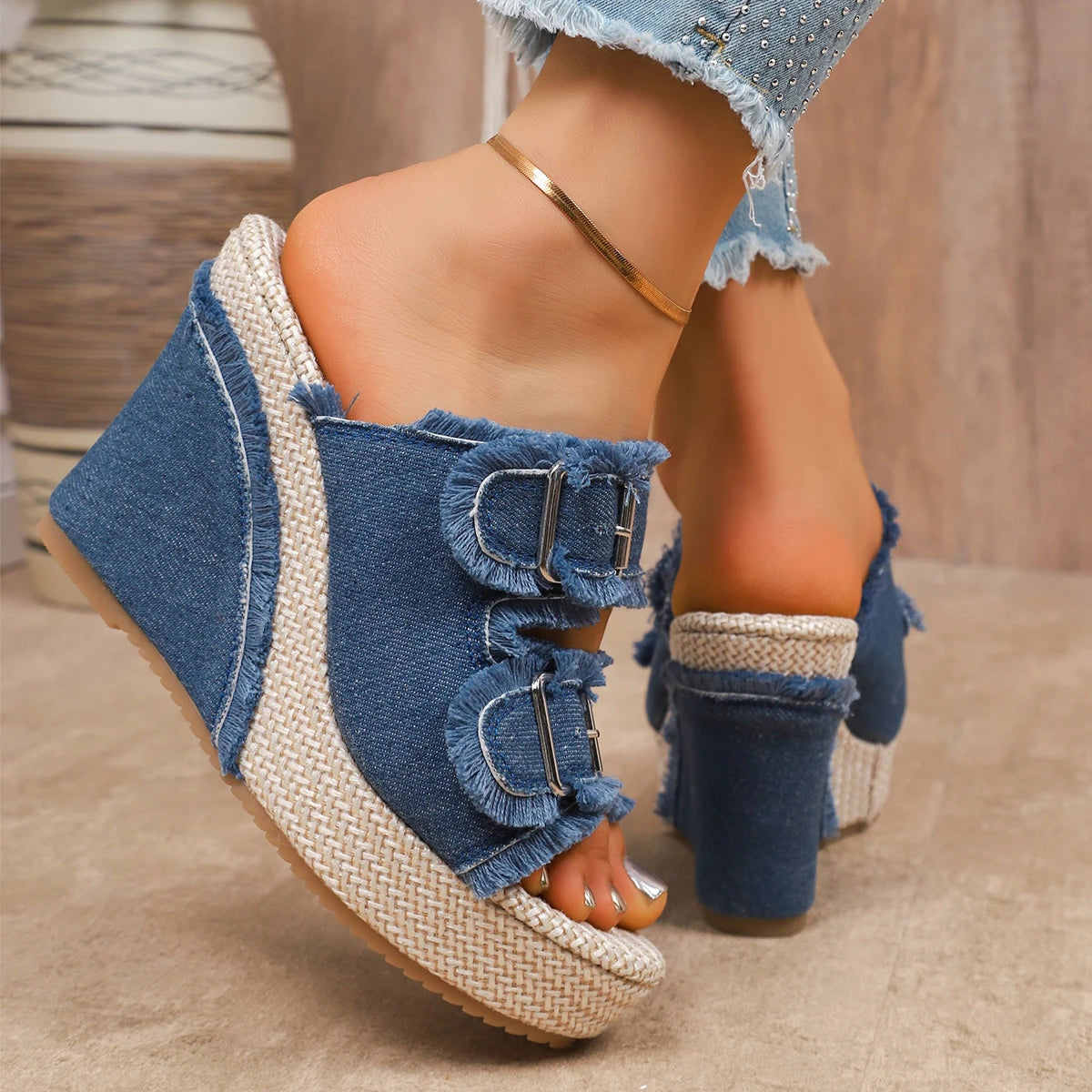 Women's Denim Shoes Pull On Wedges