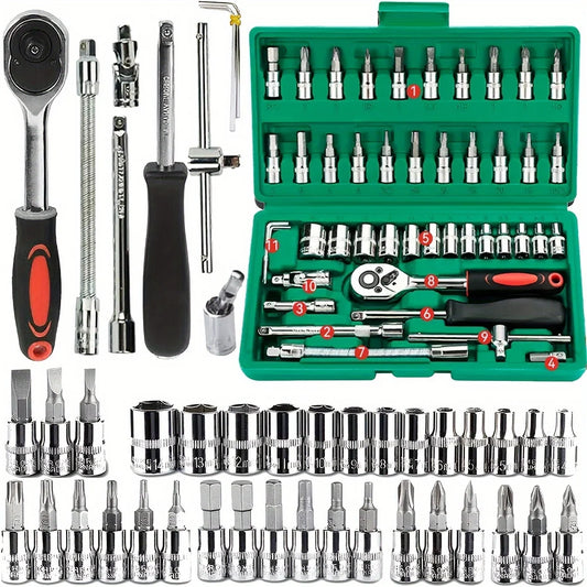 46 Darabos Családi Szerszámkészlet 1/4 Colos Autós Socket Készlet Hex Bitek Forgó Kulcs - Teljes Készlet
