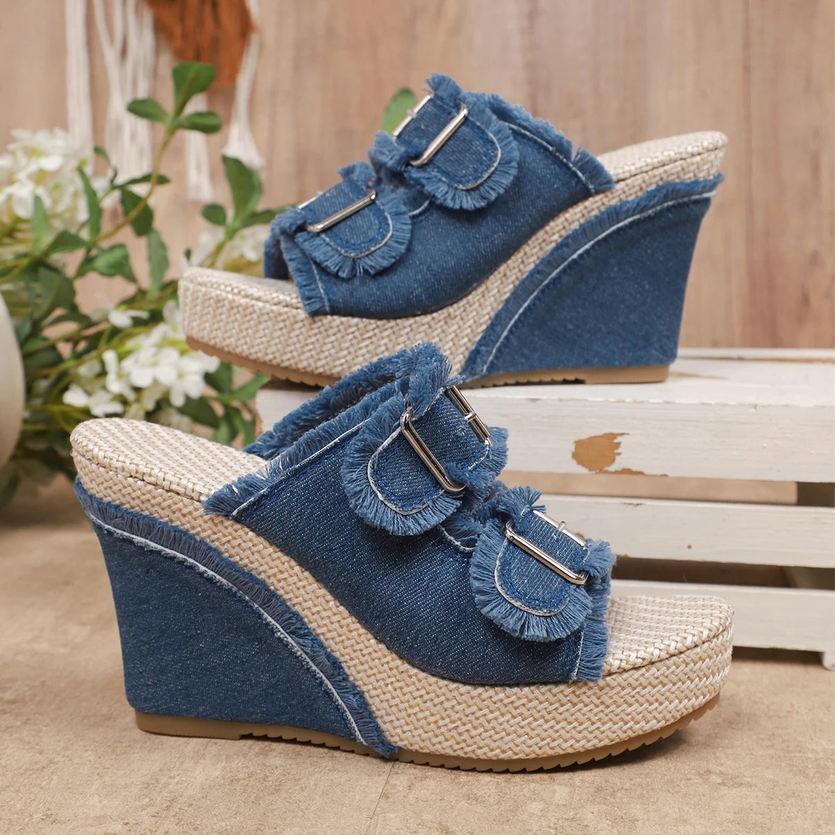 Women's Denim Shoes Pull On Wedges